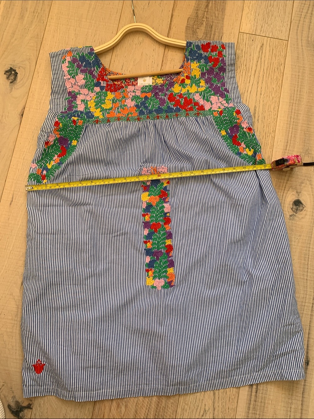 Striped Embroidered Sleeveless Dress in Blue with Multicolor Floral Detail